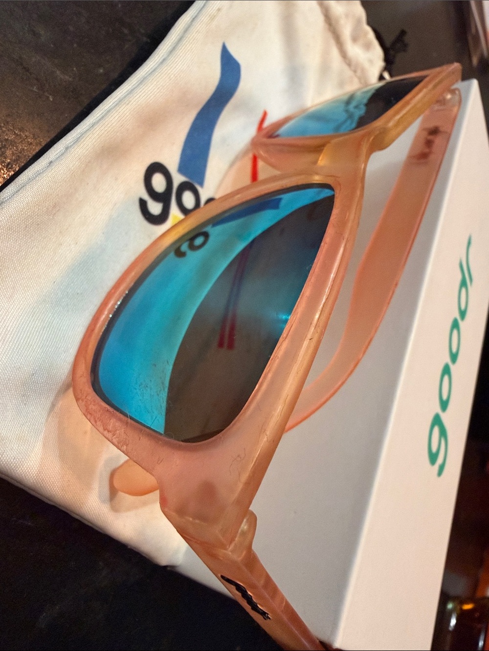 Translucent Peach Sunglasses with Blue Mirrored Lenses
